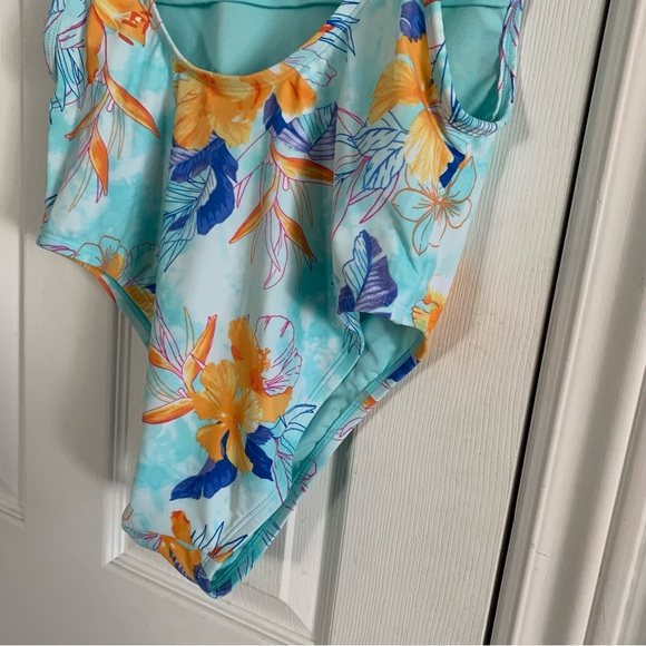 Aqua Blue Floral One Piece Strappy Swim Suit - Picture 6 of 10